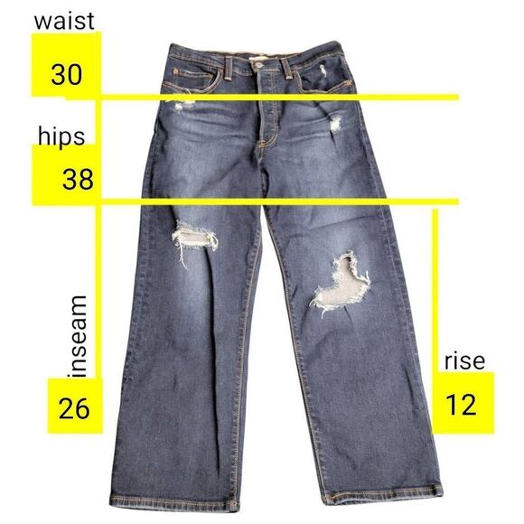 Levi's Ribcage Straight Ankle Buttonfly Ripped Torn Distressed Denim Blue Jeans - Picture 11 of 12